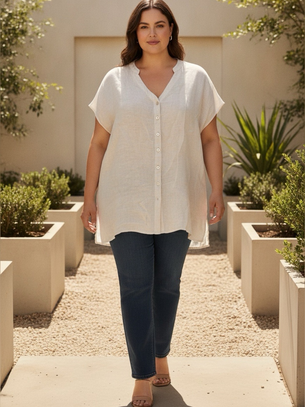 Jones New York Linen Split-Neck Popover Button Front Blouse XL